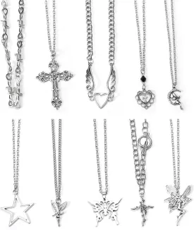 10 Pcs Y2k Necklace Set for Women, Goth Grunge Accessories Jewelry Necklaces, Gothic Cross Fairy Thorns Gothic Angel Heart Feather Star Butterfly Emo Vintage Silver Pendant Necklace