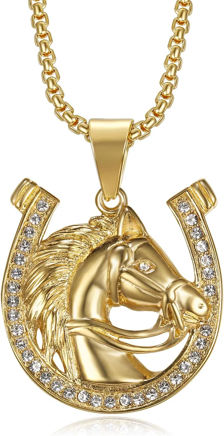 18K Gold Plated Lucky Horse Pendant Punk Rock Stainless Steel Necklace for Men Women, 24 Inch Chain Horseshoe Party Jewelry Gift