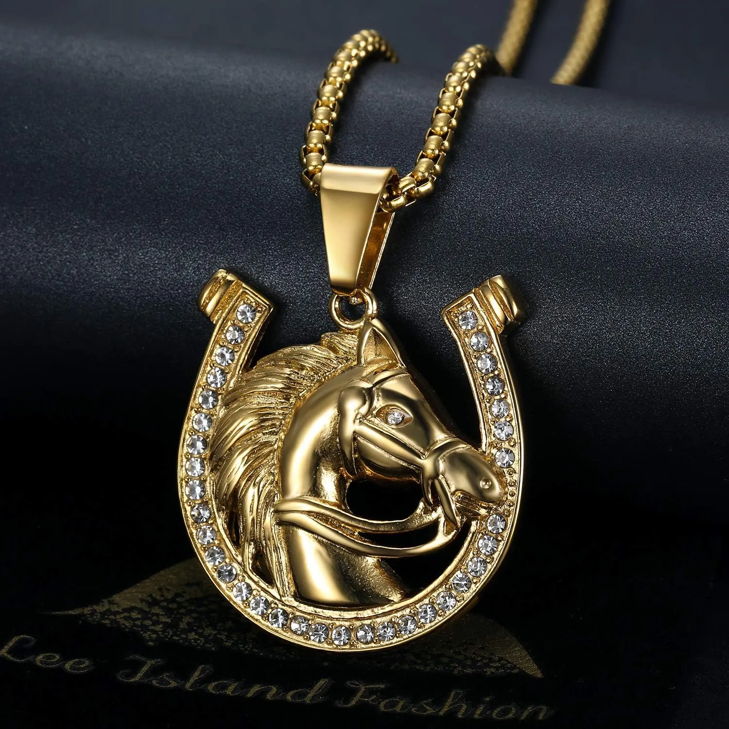 18K Gold Plated Lucky Horse Pendant Punk Rock Stainless Steel Necklace for Men Women, 24 Inch Chain Horseshoe Party Jewelry Gift