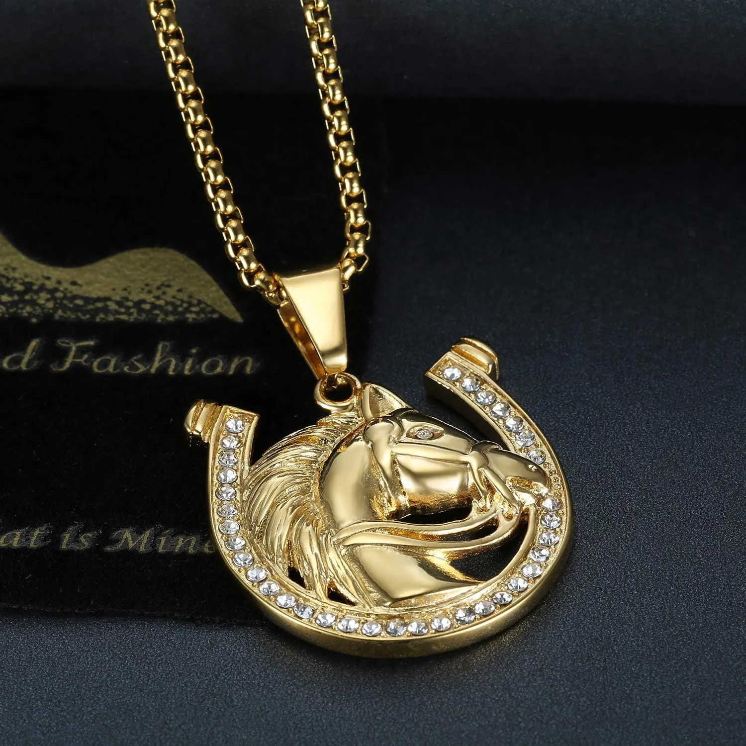18K Gold Plated Lucky Horse Pendant Punk Rock Stainless Steel Necklace for Men Women, 24 Inch Chain Horseshoe Party Jewelry Gift