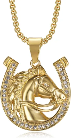 18K Gold Plated Lucky Horse Pendant Punk Rock Stainless Steel Necklace for Men Women, 24 Inch Chain Horseshoe Party Jewelry Gift