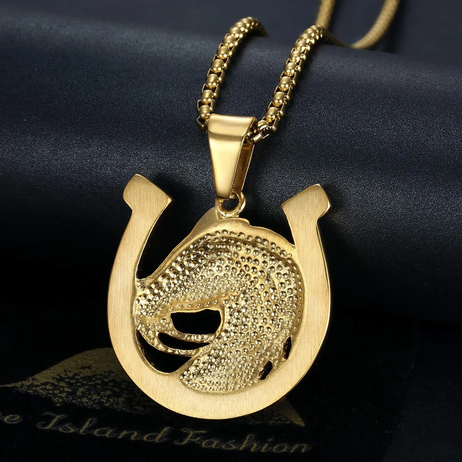 18K Gold Plated Lucky Horse Pendant Punk Rock Stainless Steel Necklace for Men Women, 24 Inch Chain Horseshoe Party Jewelry Gift