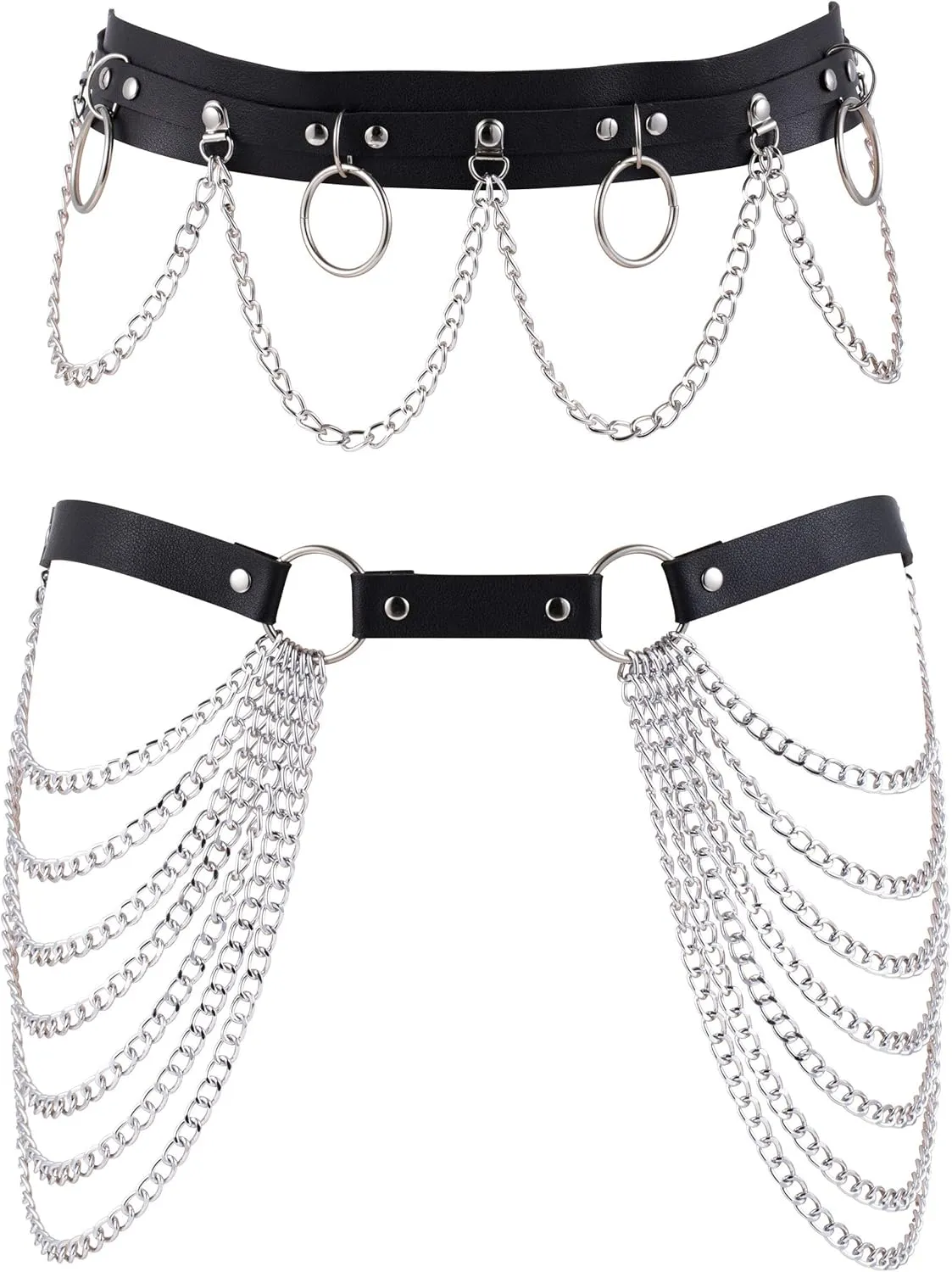 2PCS Punk Waist Belly Chain Belt for Women Leather Layered Body Chain Dance Pary Body Accessories Jewelry