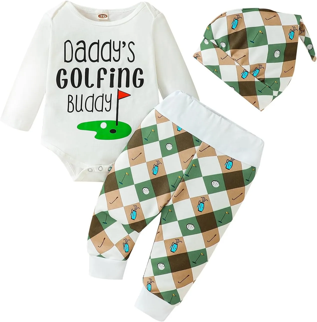 3Pcs Baby Boy Girl Golf Outfit Set Long Sleeve Daddy Golfing Bunny Romper Jogger Pants Hat Newborn Coming Home Outfit