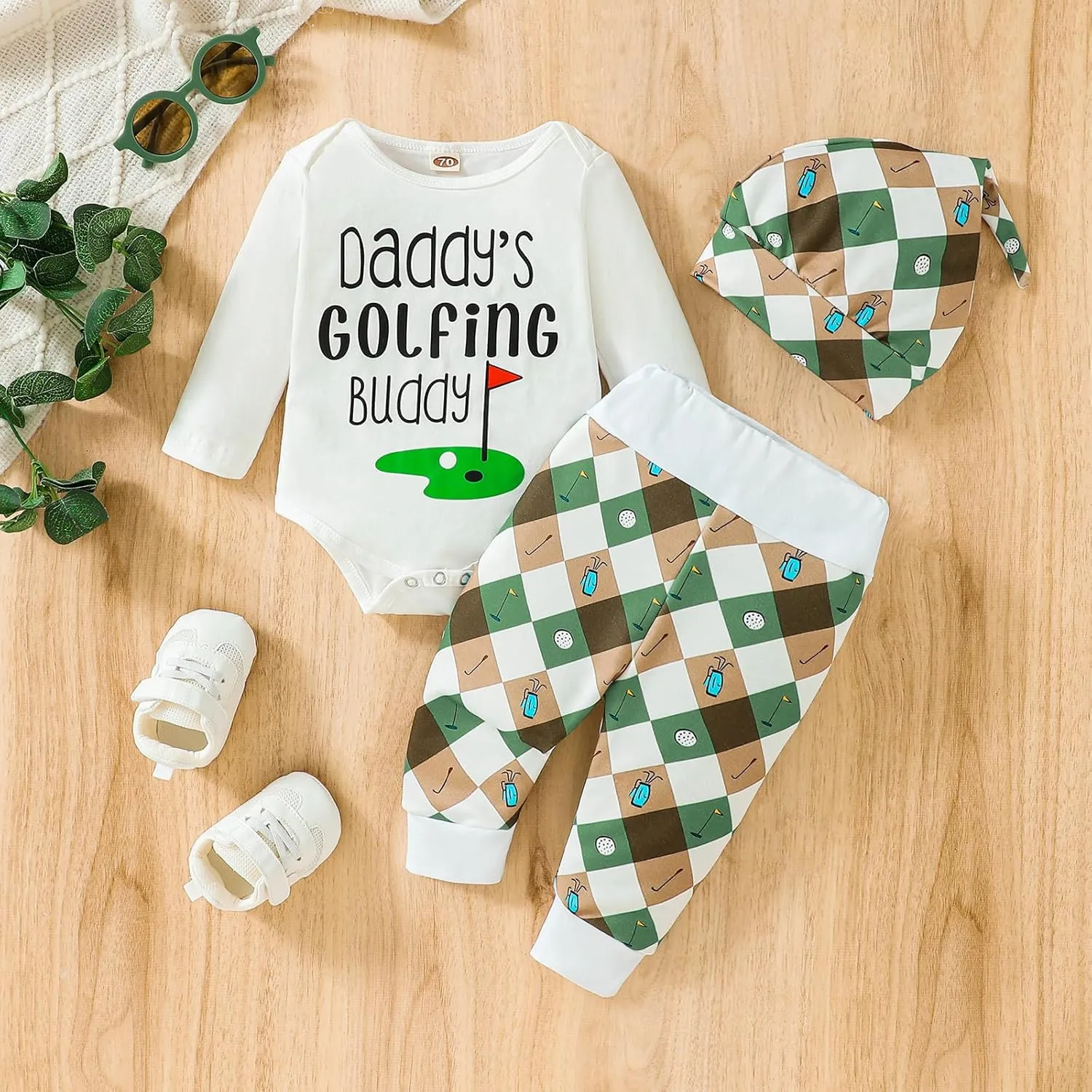 3Pcs Baby Boy Girl Golf Outfit Set Long Sleeve Daddy Golfing Bunny Romper Jogger Pants Hat Newborn Coming Home Outfit