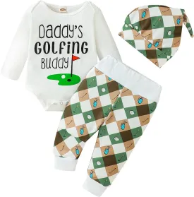 3Pcs Baby Boy Girl Golf Outfit Set Long Sleeve Daddy Golfing Bunny Romper Jogger Pants Hat Newborn Coming Home Outfit