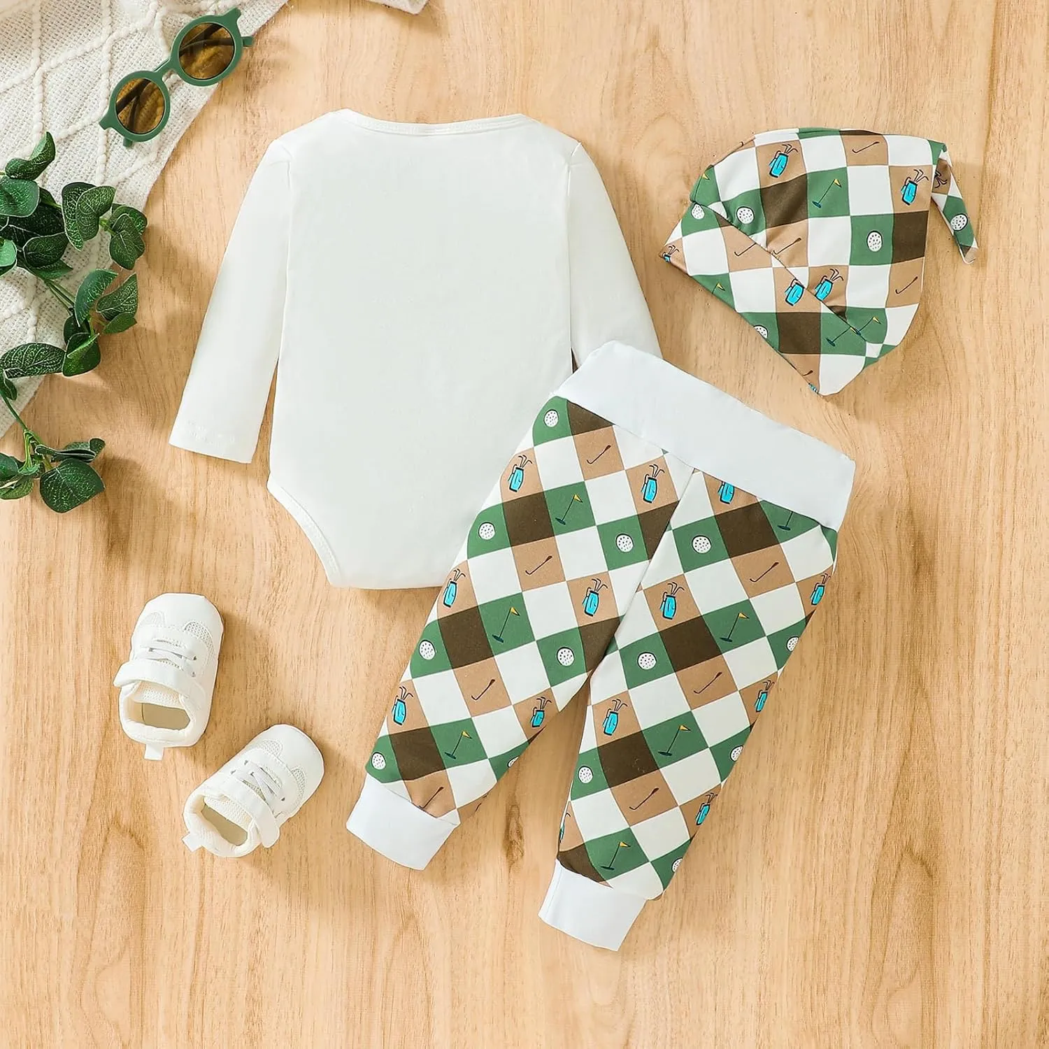 3Pcs Baby Boy Girl Golf Outfit Set Long Sleeve Daddy Golfing Bunny Romper Jogger Pants Hat Newborn Coming Home Outfit