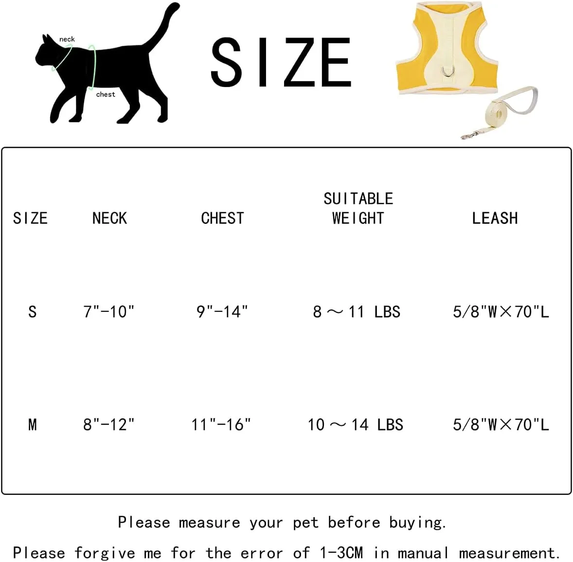 Adjustable Cat Wrap Harness with 6ft Leash Soft Breathable Cat Walking Harness Leads (Yellow, Medium)