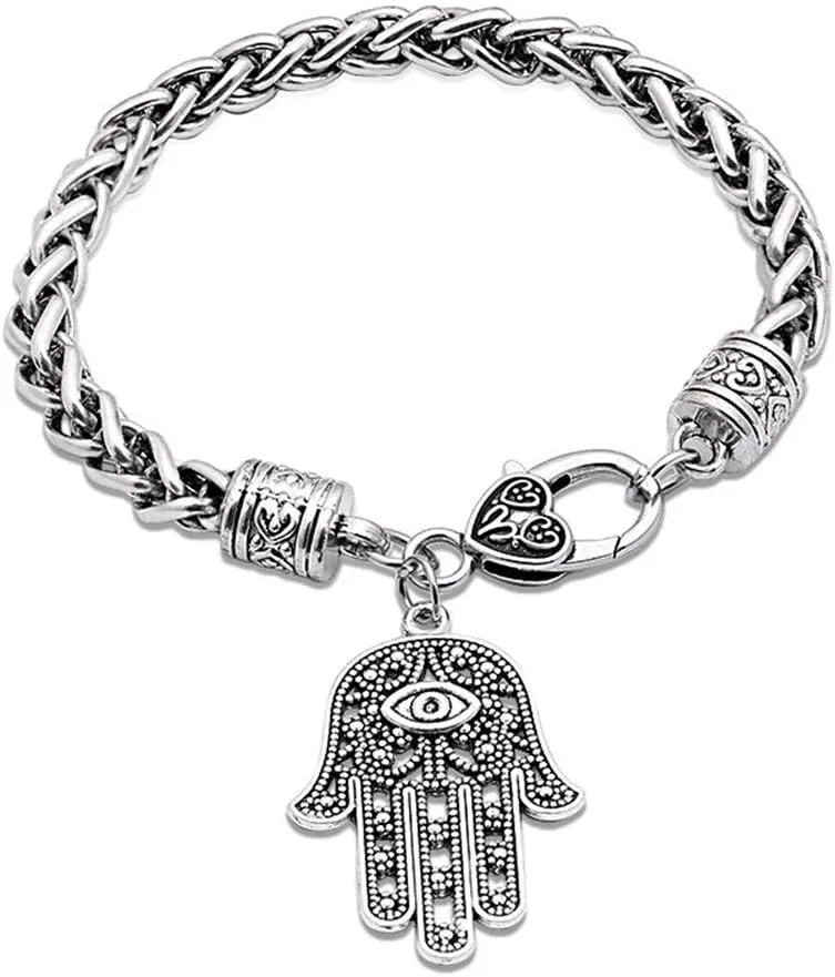 AILUOR Hamsa Hand of Fatima Silver Bracelet - Evil Eye Protection Silver Tone Alloy Charm Jewelry Lucky Success Pendant Friendship Handmade Bracelet Men Women
