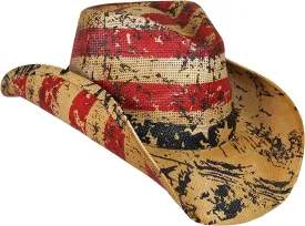 American Flag Straw Cowboy Hat, USA L-XL Size 8, Vintage Look W/Paint Splatter