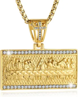 AsAlways Gold Plated Lord's Supper Stainless Steel CZ Engrave Last Supper Jesus with His Disciples Pendant Necklace for Men Hip Hop Religion Jewelry Gift
