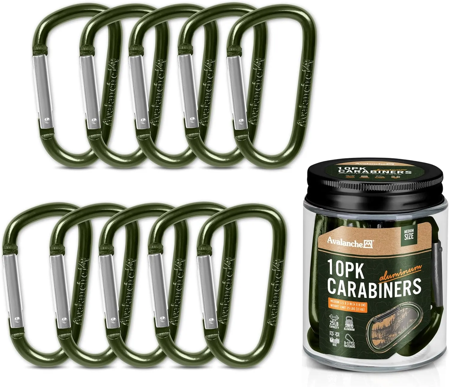Avalanche 10 Pack 3" Carabiner Clip - Durable Aluminum D-Style Design for Camping Accessories, Keychain Clip - Heavy Duty 25 lbs. Capacity Multipurpose Carabiner Clips, Medium Size