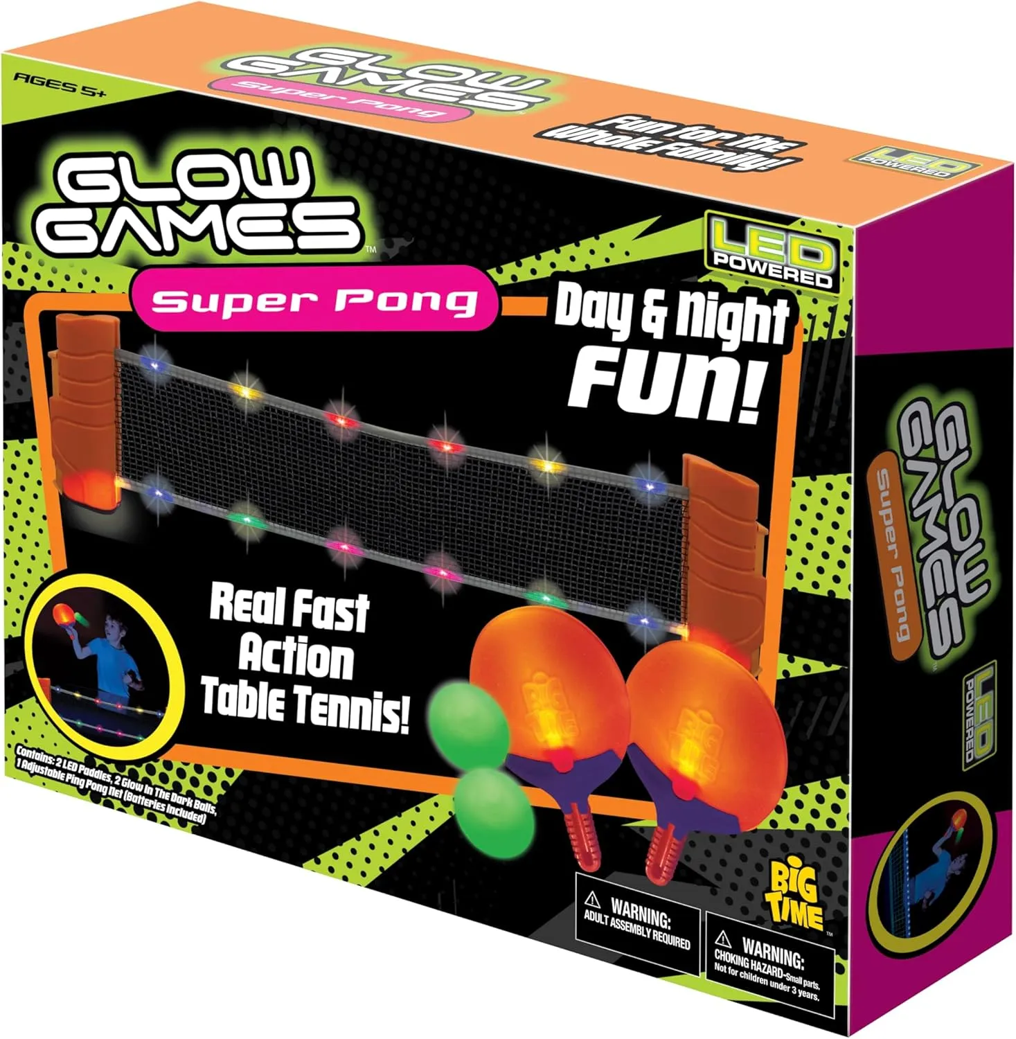 Big Time Toys Glow Games Super Pong Complete Portable Table Tennis Set - Includes LED Ping Pong Paddles, Ball, and LED Net - Easy Set Up, Lights UP