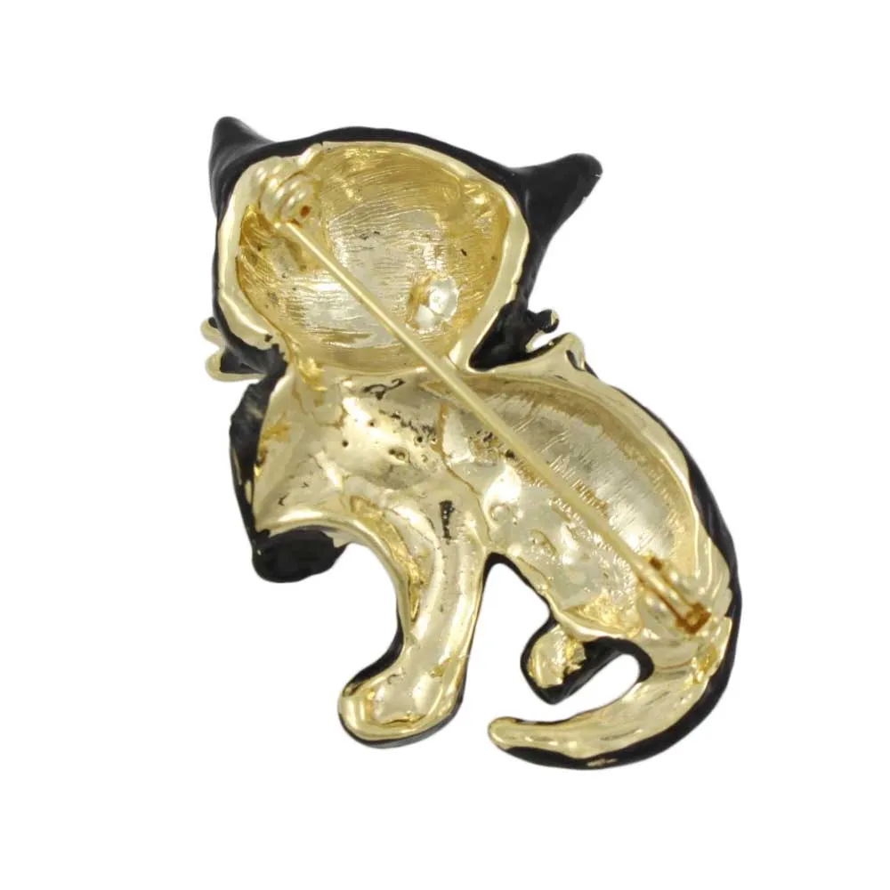 Black Matte Enamel Cat with Crystal Eyes and Bow Brooch Pin - PRC420