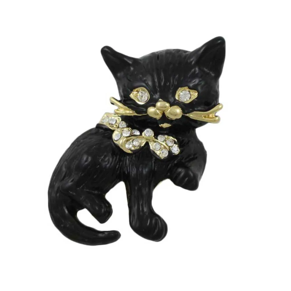 Black Matte Enamel Cat with Crystal Eyes and Bow Brooch Pin - PRC420