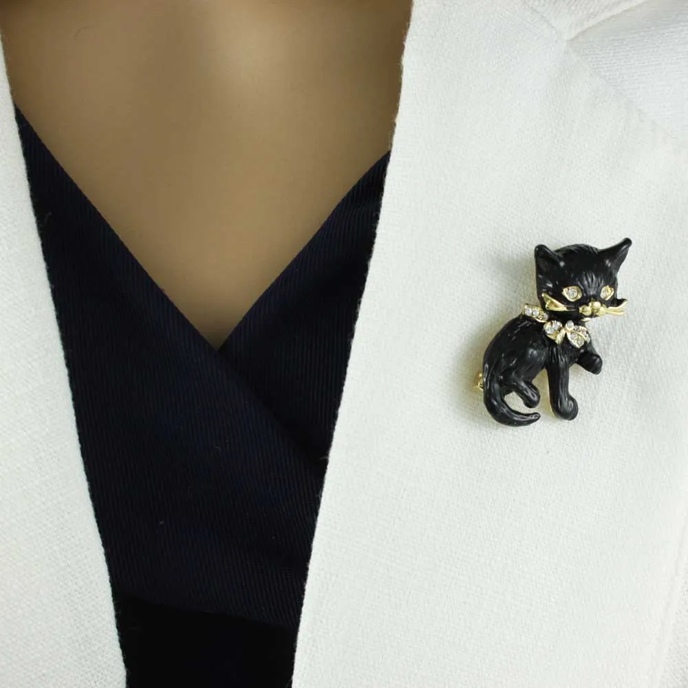 Black Matte Enamel Cat with Crystal Eyes and Bow Brooch Pin - PRC420