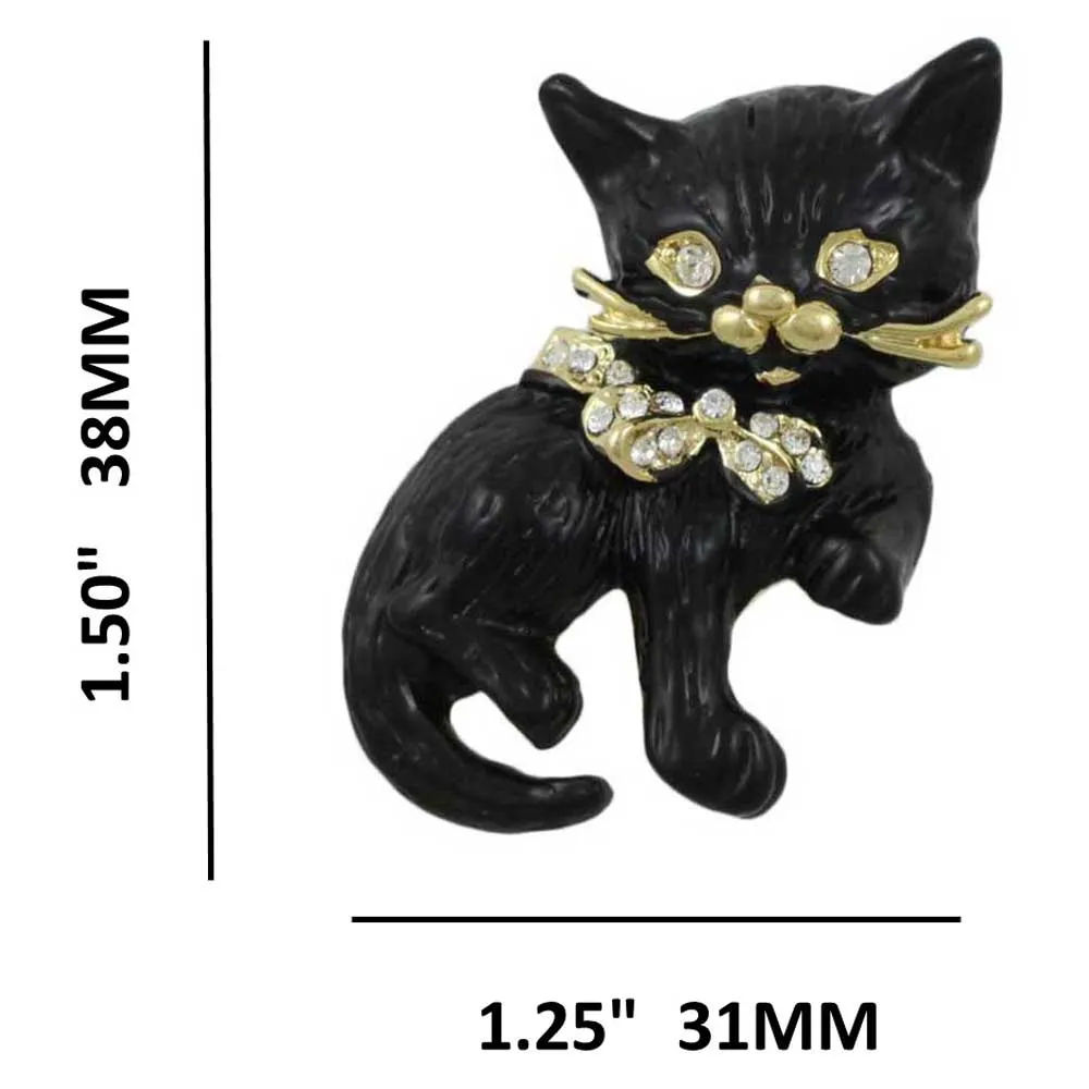 Black Matte Enamel Cat with Crystal Eyes and Bow Brooch Pin - PRC420
