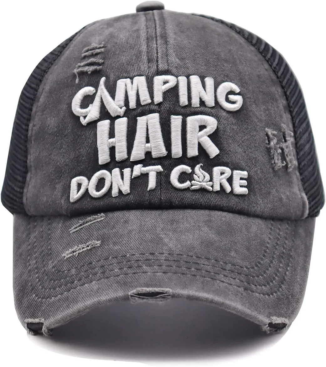 Camping Hair Don't Care Ponytail Hat Vintage Washed Distressed Baseball Dad Cap for Women