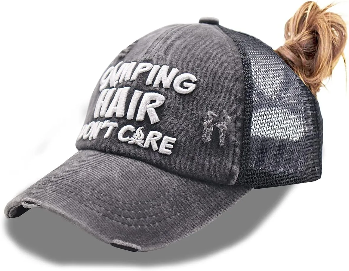 Camping Hair Don't Care Ponytail Hat Vintage Washed Distressed Baseball Dad Cap for Women