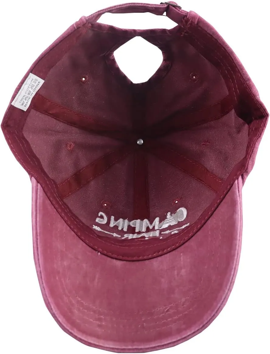 Camping Hair Don't Care Ponytail Hat Vintage Washed Distressed Baseball Dad Cap for Women