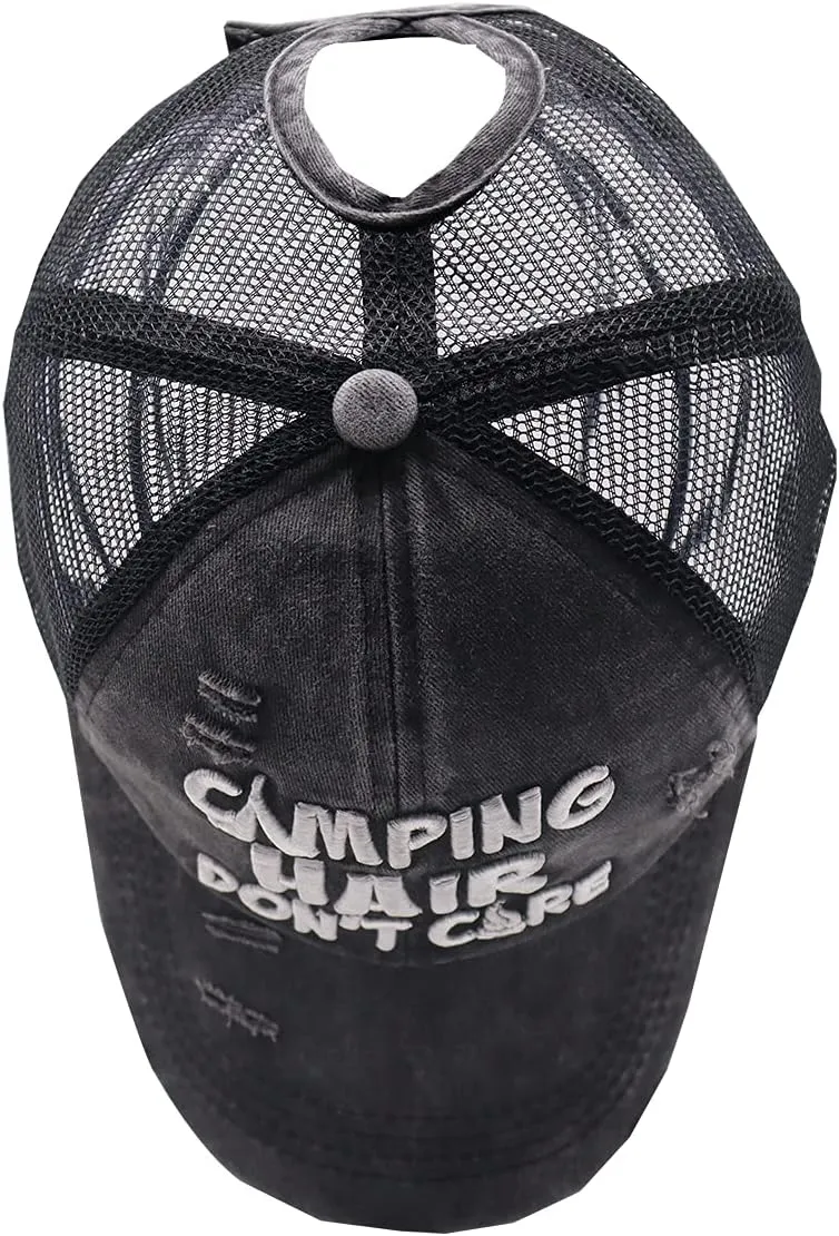 Camping Hair Don't Care Ponytail Hat Vintage Washed Distressed Baseball Dad Cap for Women