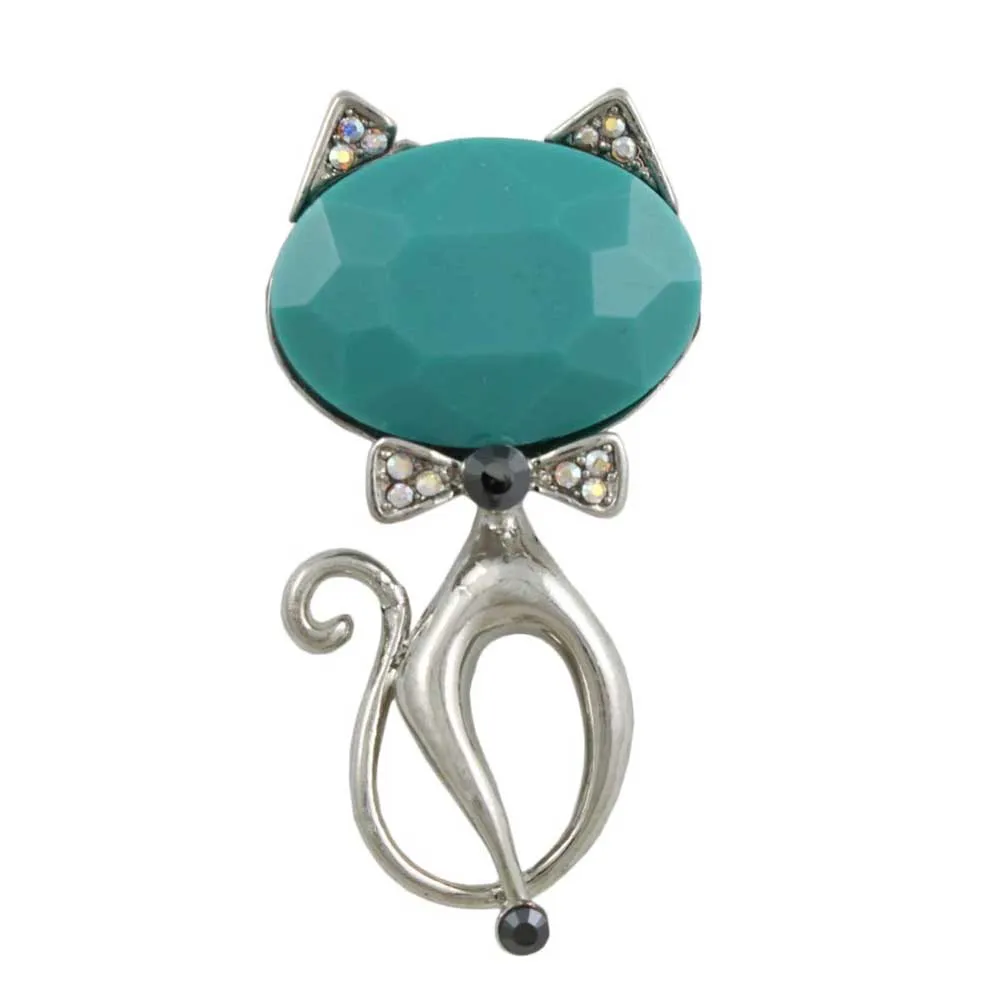 Cat with Large Blue Head and Crystal Bow Brooch Pin - PRC424