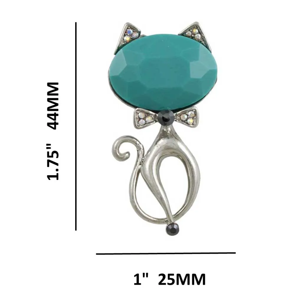 Cat with Large Blue Head and Crystal Bow Brooch Pin - PRC424