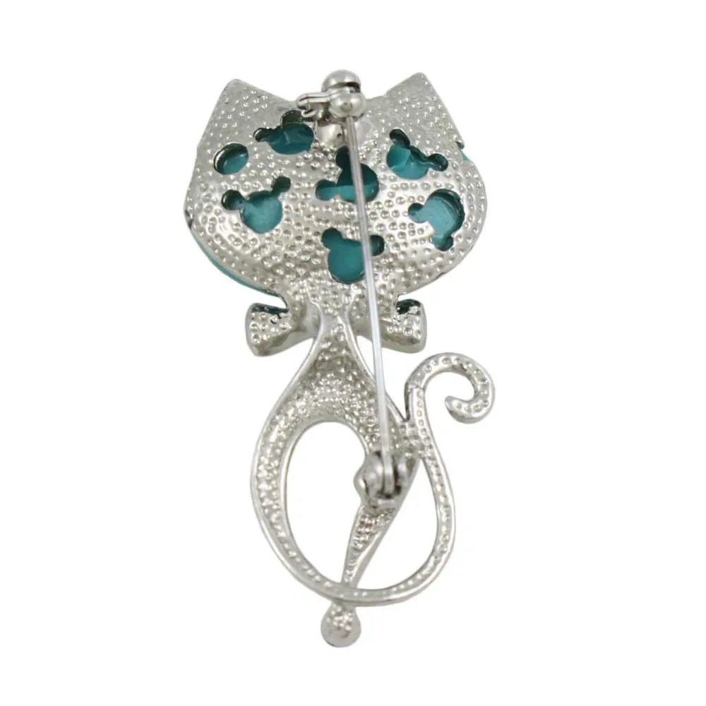 Cat with Large Blue Head and Crystal Bow Brooch Pin - PRC424