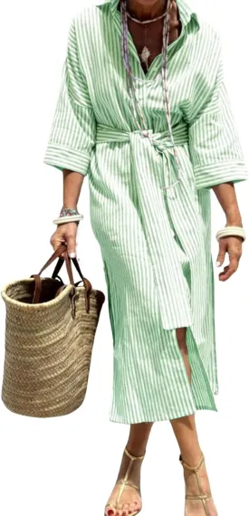 chouyatou Women's Summer 3/4 Sleeve Striped Shirt Dress Belted Maxi Long Casual Button Down Beach Dress