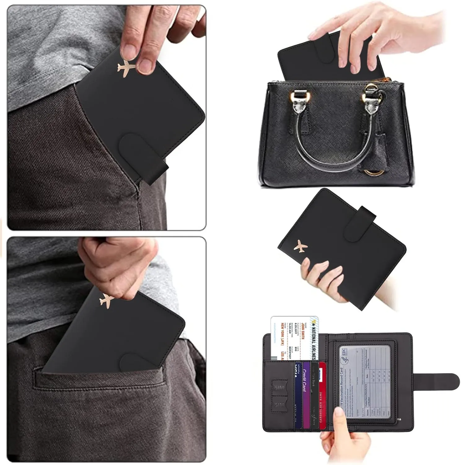 Cnycmy Passport Holder with Vaccine Card Slot, RFID Blocking, Waterproof, Unisex, Faux Leather, 2-in-1 Travel Organizer (Black)