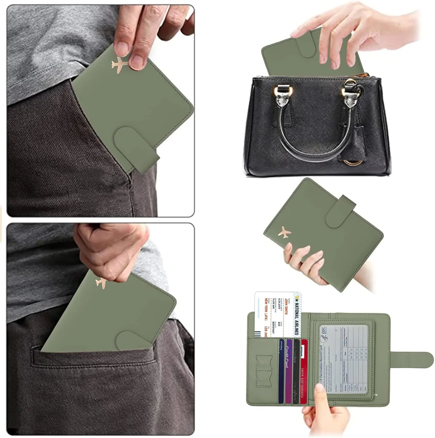 Cnycmy Passport-Wallet-Holder and Vaccine Card Slot, Rfid, Waterproof, PU Leather Travel Passport Case for Women/Men (Moss green)