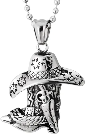 COOLSTEELANDBEYOND Stainless Steel Western Cowboy Hat Boot Pendant Necklace for Men, Country Rodeo Style Jewelry