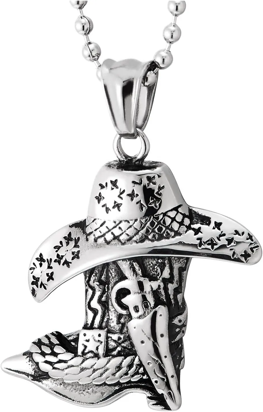 COOLSTEELANDBEYOND Stainless Steel Western Cowboy Hat Boot Pendant Necklace for Men, Country Rodeo Style Jewelry