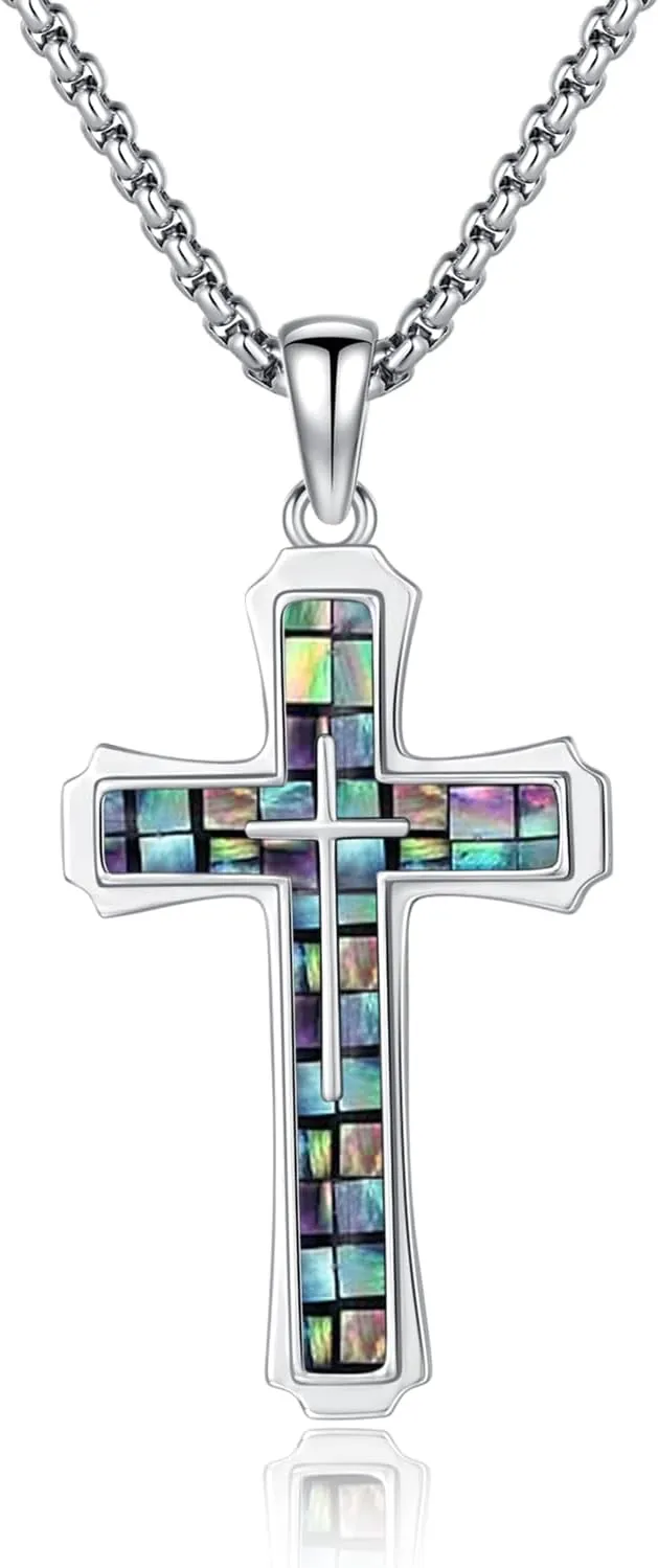 Cross Necklace for Men 925 Sterling Silver Abalone Shell/Opal/Malachite/Turquoise/Lapis Lazuli/Obsidian/Tiger Eye Stone/Red Coral/Black Tourmaline/Celtic Cross Pendant Religious Jewelry Gift