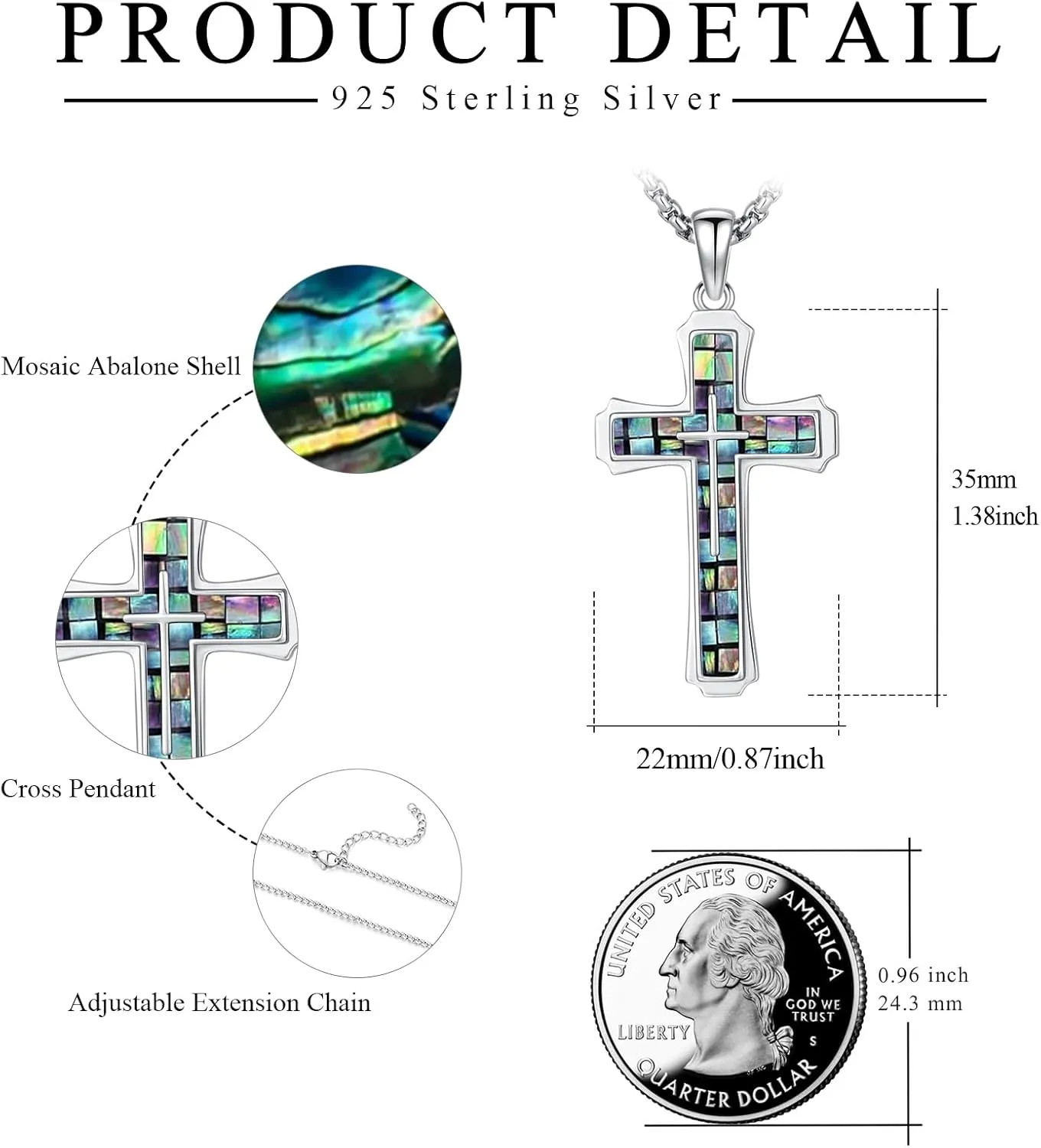 Cross Necklace for Men 925 Sterling Silver Abalone Shell/Opal/Malachite/Turquoise/Lapis Lazuli/Obsidian/Tiger Eye Stone/Red Coral/Black Tourmaline/Celtic Cross Pendant Religious Jewelry Gift