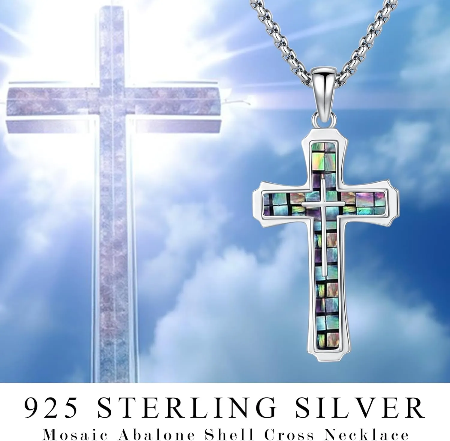 Cross Necklace for Men 925 Sterling Silver Abalone Shell/Opal/Malachite/Turquoise/Lapis Lazuli/Obsidian/Tiger Eye Stone/Red Coral/Black Tourmaline/Celtic Cross Pendant Religious Jewelry Gift