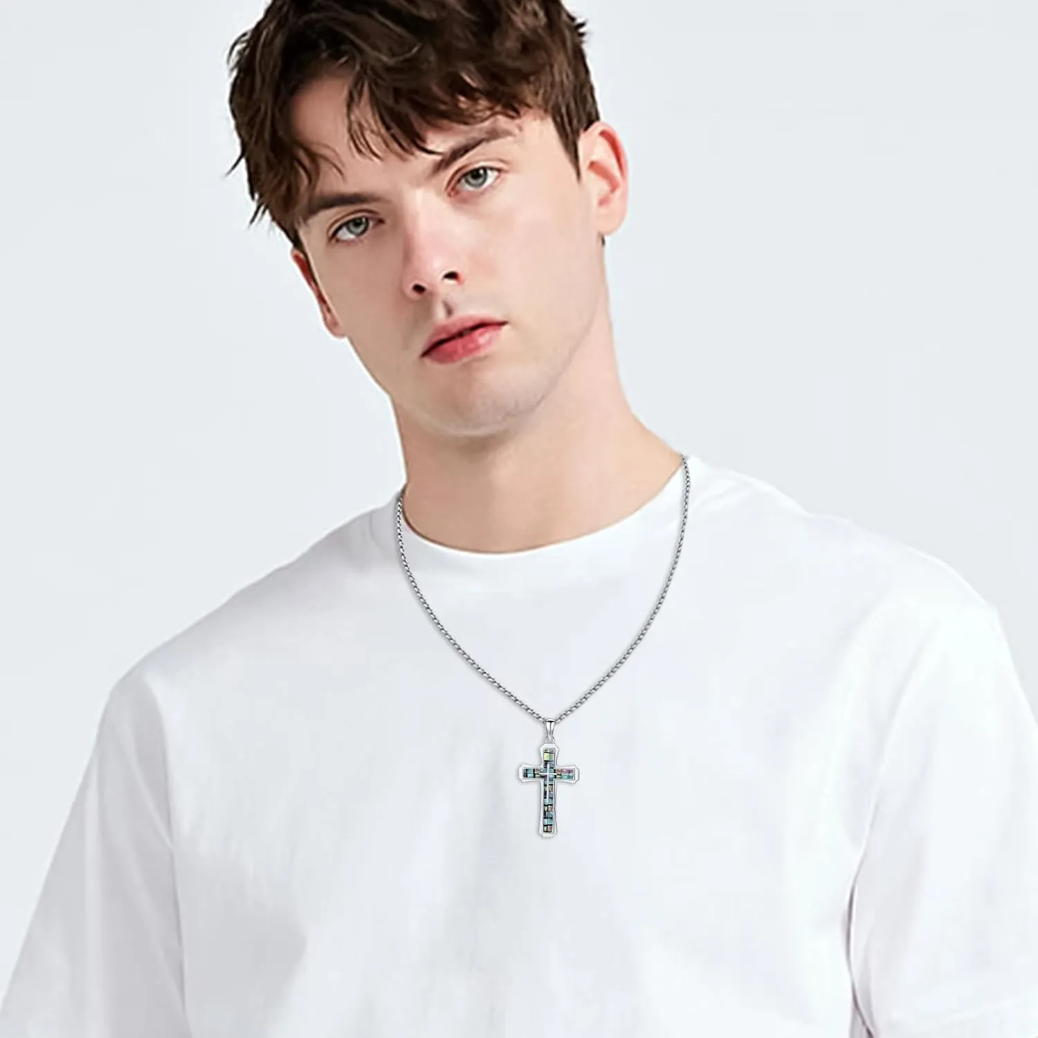Cross Necklace for Men 925 Sterling Silver Abalone Shell/Opal/Malachite/Turquoise/Lapis Lazuli/Obsidian/Tiger Eye Stone/Red Coral/Black Tourmaline/Celtic Cross Pendant Religious Jewelry Gift