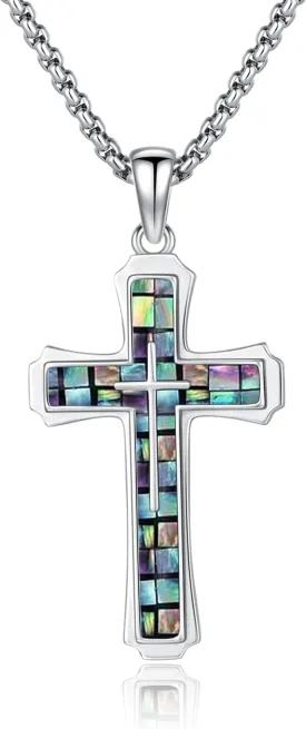 Cross Necklace for Men 925 Sterling Silver Abalone Shell/Opal/Malachite/Turquoise/Lapis Lazuli/Obsidian/Tiger Eye Stone/Red Coral/Black Tourmaline/Celtic Cross Pendant Religious Jewelry Gift