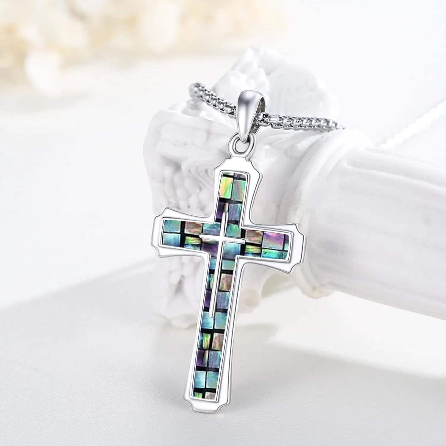 Cross Necklace for Men 925 Sterling Silver Abalone Shell/Opal/Malachite/Turquoise/Lapis Lazuli/Obsidian/Tiger Eye Stone/Red Coral/Black Tourmaline/Celtic Cross Pendant Religious Jewelry Gift