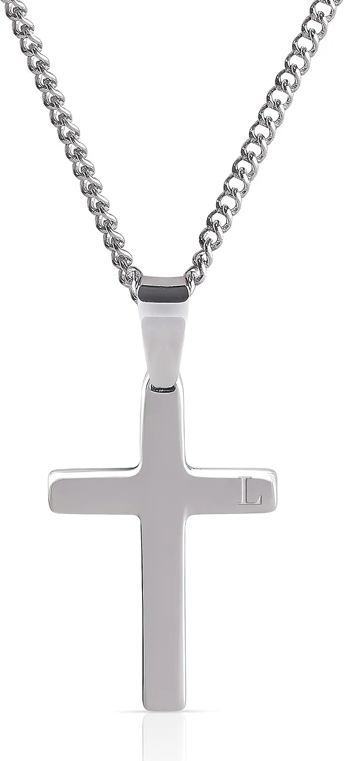 Cross Necklace Pendant with Personalized Initial | Solid Stainless Steel | Adjustable Size Chain | A-Z Alphabet Letters Engraved on Stainless Steel Clasp