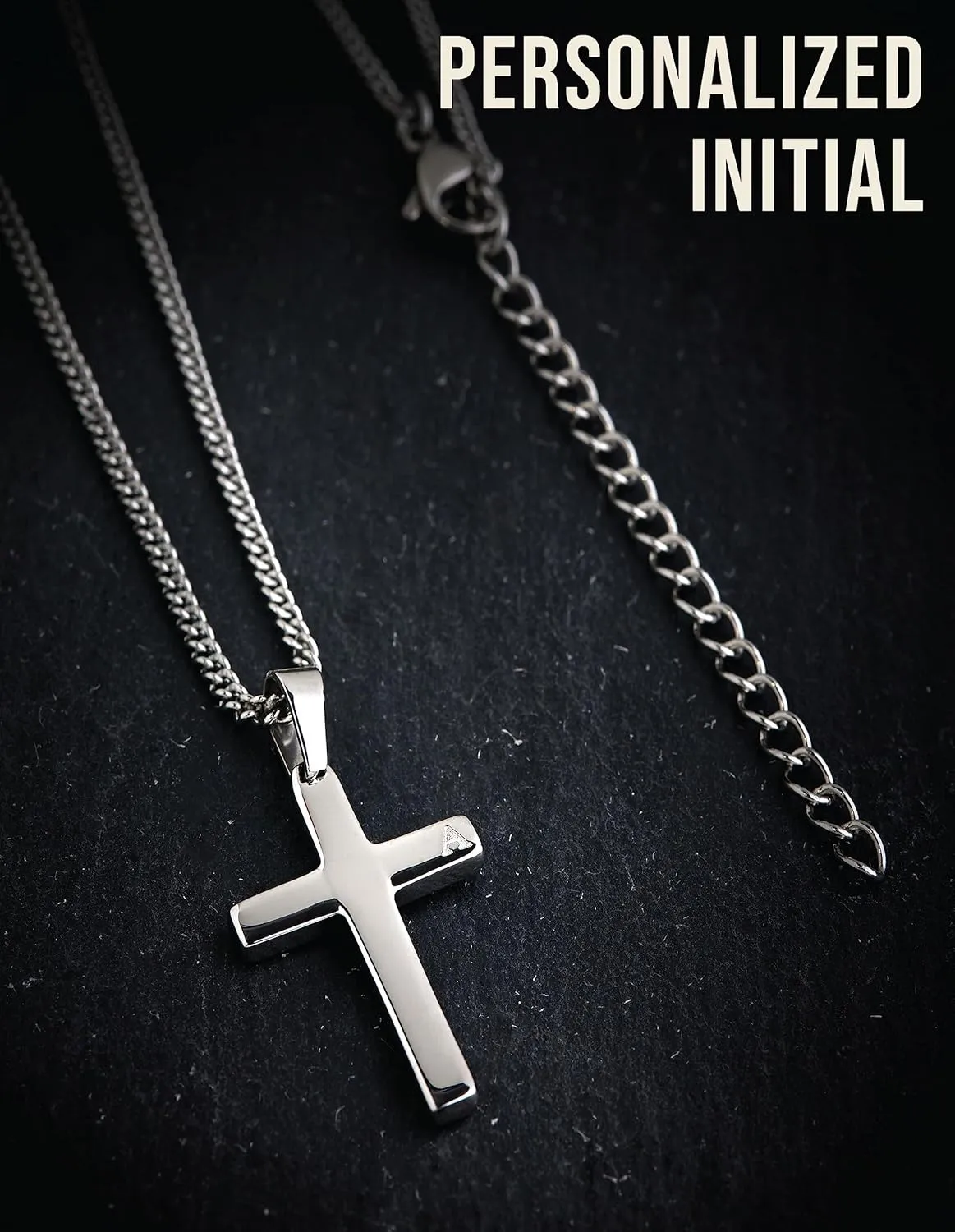 Cross Necklace Pendant with Personalized Initial | Solid Stainless Steel | Adjustable Size Chain | A-Z Alphabet Letters Engraved on Stainless Steel Clasp