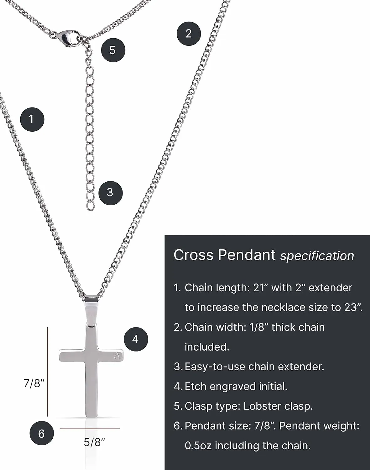 Cross Necklace Pendant with Personalized Initial | Solid Stainless Steel | Adjustable Size Chain | A-Z Alphabet Letters Engraved on Stainless Steel Clasp