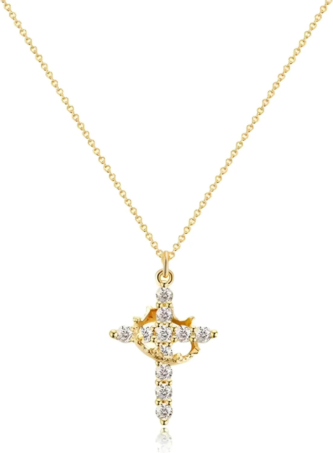 Cubic Zircon Plated 14K Gold 50cm Length Women Cross Necklace Crown Rotatable Hang Jewelry For Women Gift -NG07
