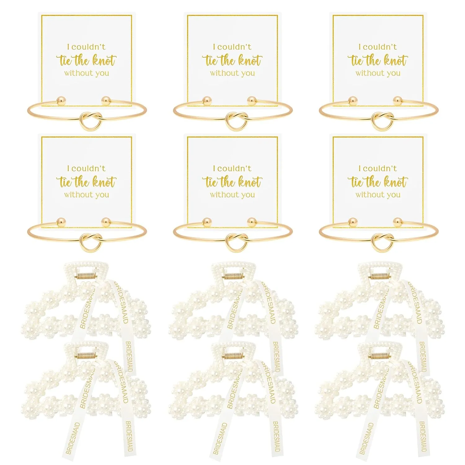 DEEKA 12 Pcs Bridesmaid Proposal Gifts, Pearl Hair Claw Clips & Bridesmaid Knot Bracelet Bachelorette Party Wedding Favors Bridal Party Present Hair Accessories for Women(Gold Bracelets)
