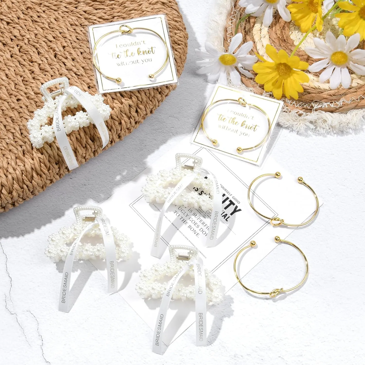 DEEKA 12 Pcs Bridesmaid Proposal Gifts, Pearl Hair Claw Clips & Bridesmaid Knot Bracelet Bachelorette Party Wedding Favors Bridal Party Present Hair Accessories for Women(Gold Bracelets)