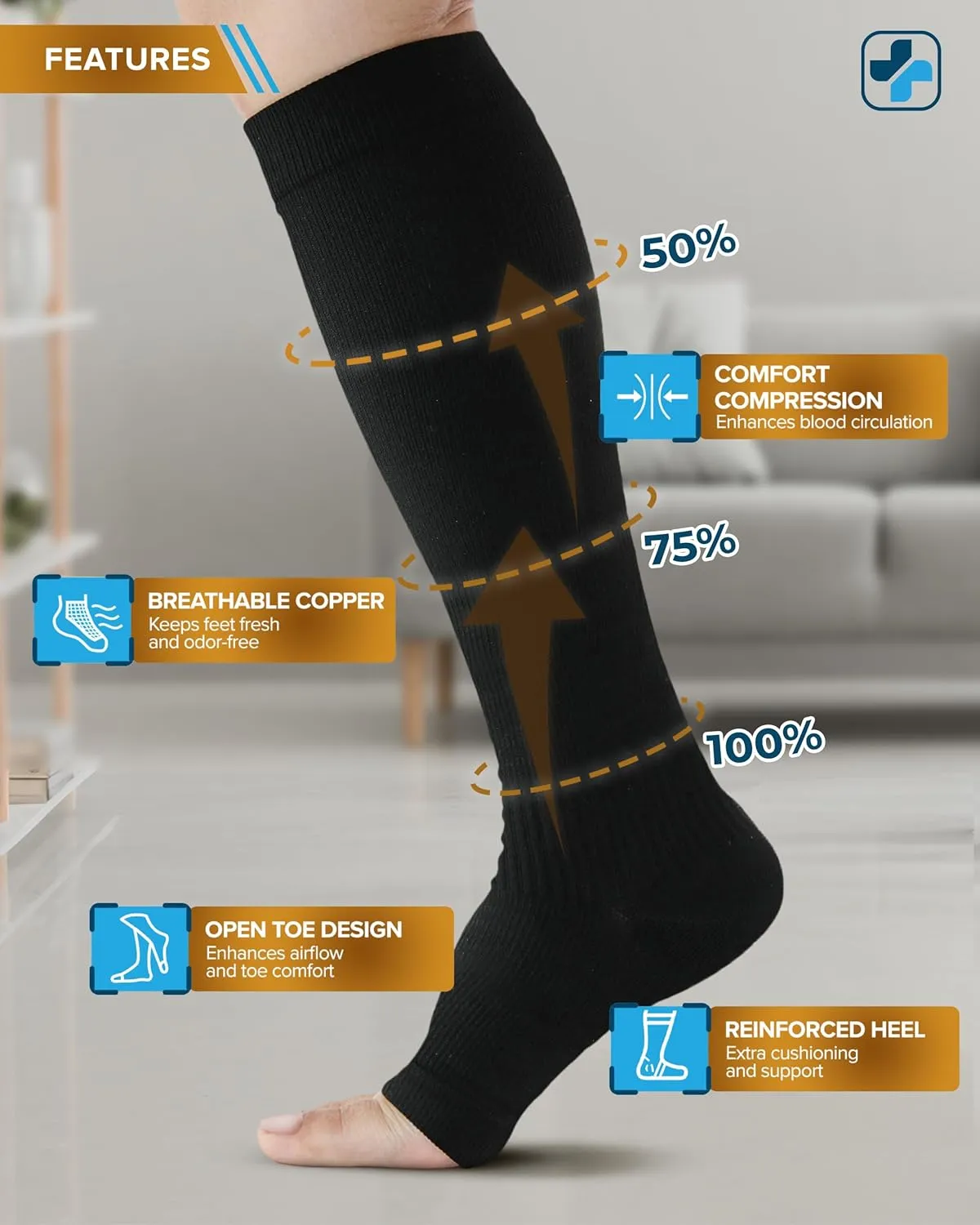 Doctor's Select 3 Pairs Copper Toeless Compression Socks for Men - 20-30 mmHg Open Toe Compression Socks Women, Toeless Socks, Knee High, Black