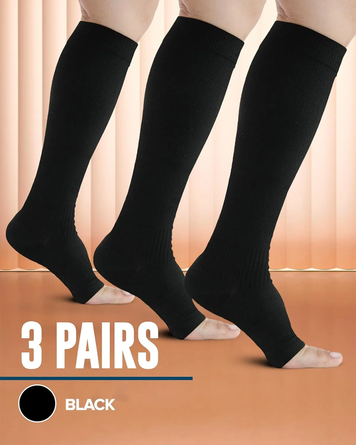 Doctor's Select 3 Pairs Copper Toeless Compression Socks for Men - 20-30 mmHg Open Toe Compression Socks Women, Toeless Socks, Knee High, Black