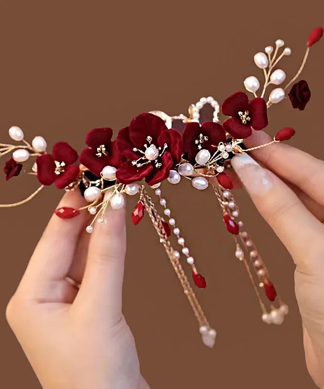Fashion Red Sterling Silver Overgild Pearl Floral Tassel Hairpin AB1070
