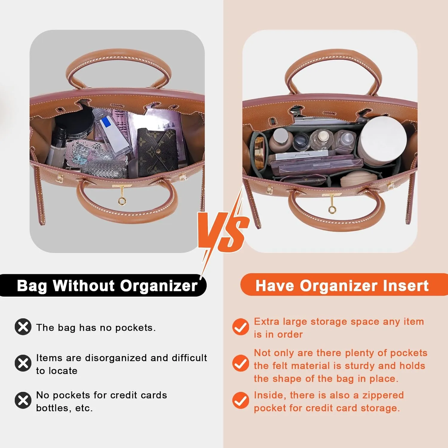Felt Purse Organizer insert for birkin 30 bag organizer Handbag Insert (LightGrey, BK30)