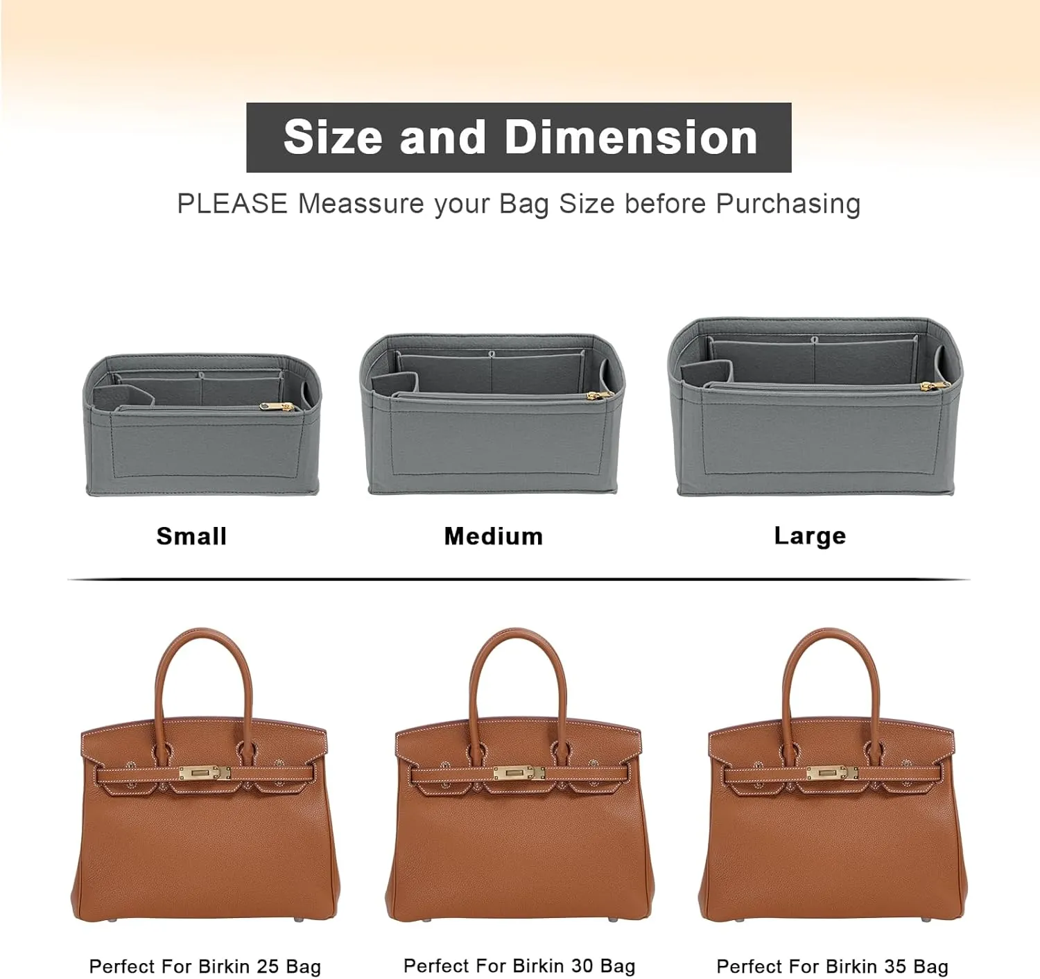 Felt Purse Organizer insert for birkin 30 bag organizer Handbag Insert (LightGrey, BK30)
